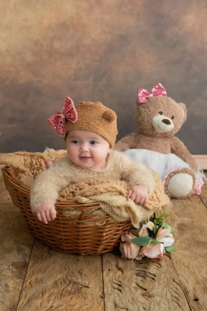 a baby in a basket with a teddy bear